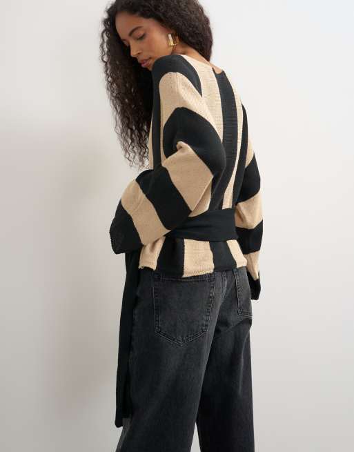 Topshop long sleeve tie front knit sweater in black and beige stripes, 3 of 4