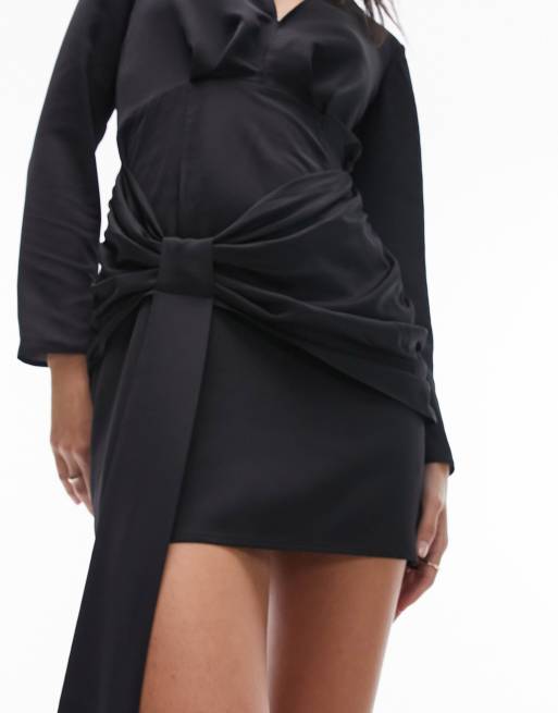 Topshop long sleeve tie front mini dress in black