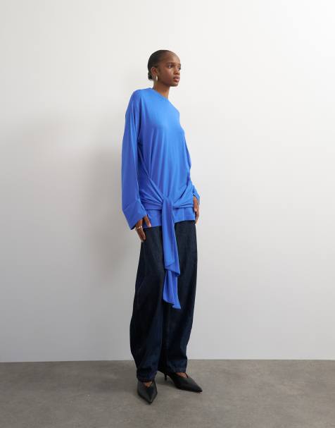 Topshop long sleeve tie front top in mid blue - view 1
