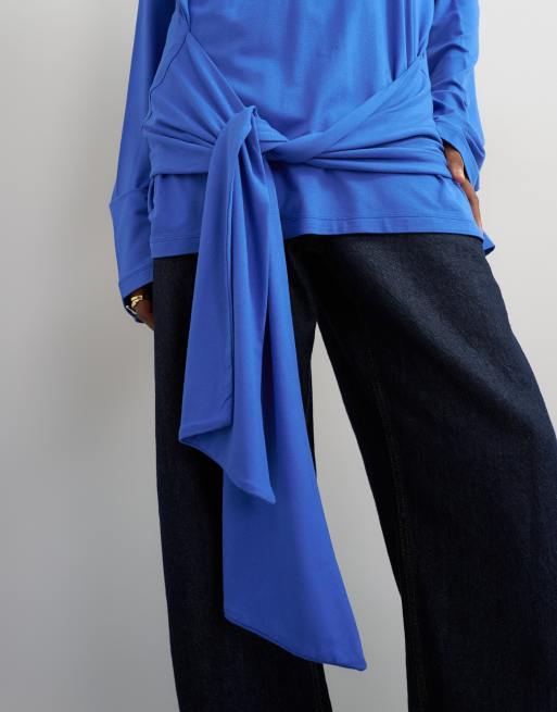 Topshop long sleeve tie front top in mid blue, 2 of 4