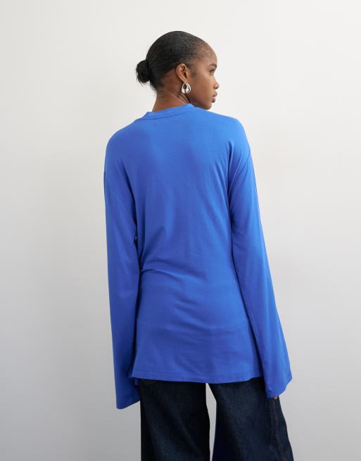 Topshop long sleeve tie front top in mid blue, 3 of 4