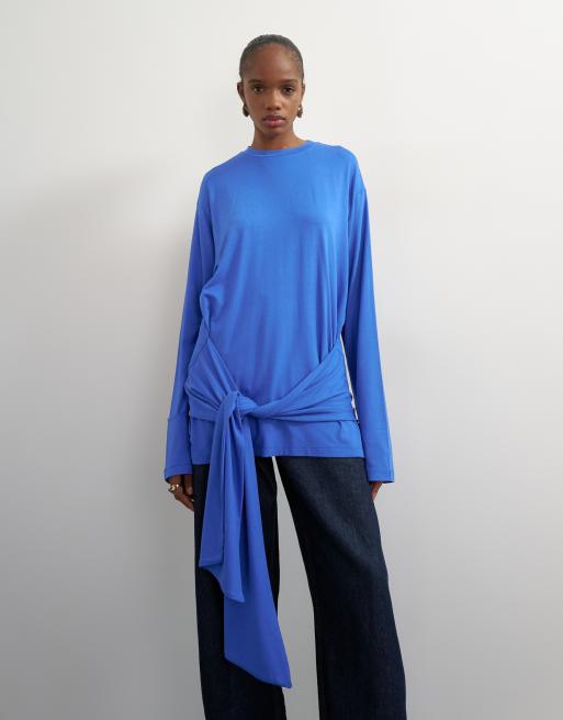 Topshop long sleeve tie front top in mid blue, 4 of 4