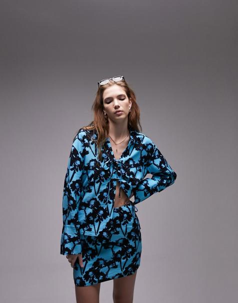 Topshop co-ord long sleeve tie up printed top in turquoise 