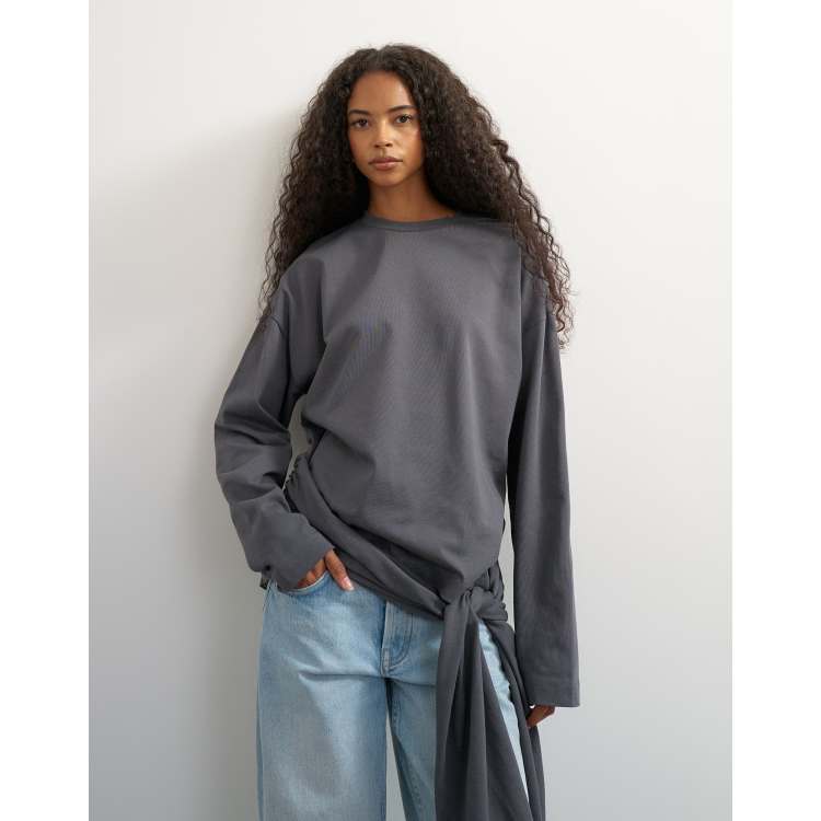 Topshop long sleeve tie waist detail top in charcoal | ASOS