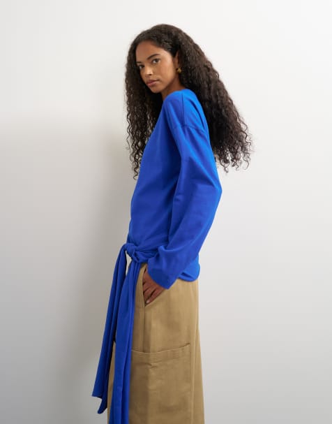Topshop long sleeve tie waist detail top in cobalt - view 1