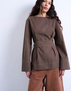 Long sleeve tie waist top with contrast stich in brown