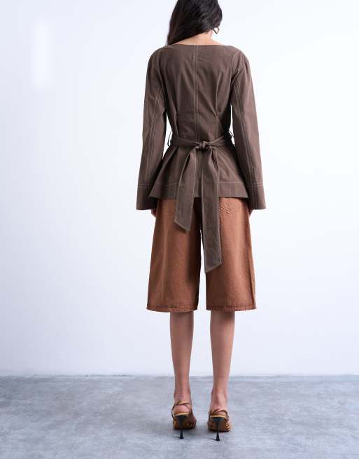 Topshop long sleeve tie waist top with contrast stich in brown, 2 of 4