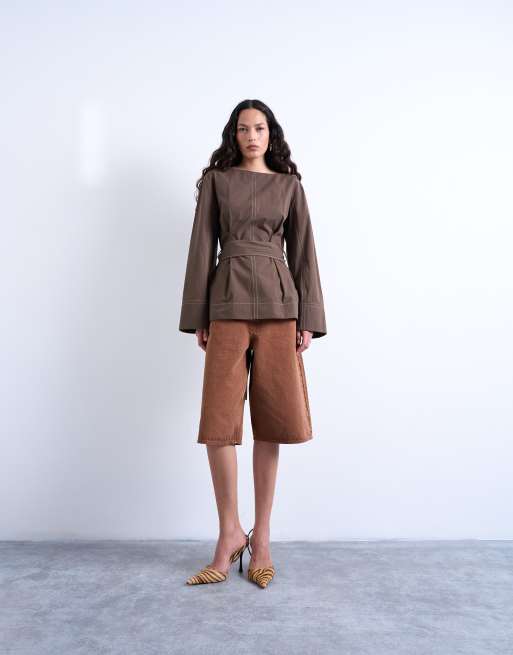 Topshop long sleeve tie waist top with contrast stich in brown, 3 of 4