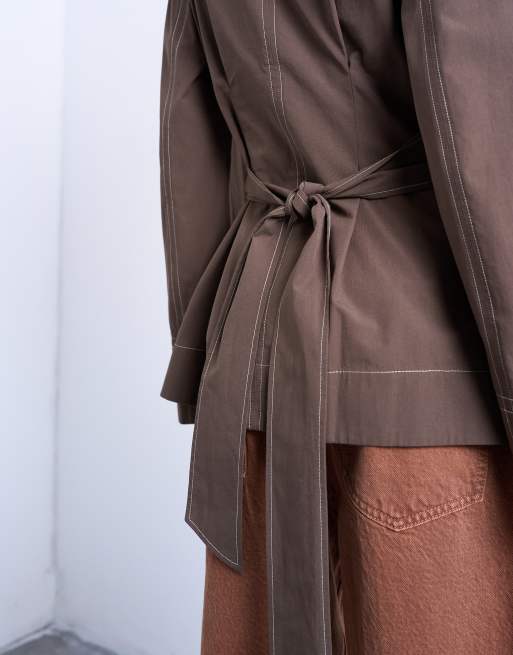 Topshop long sleeve tie waist top with contrast stich in brown, 4 of 4