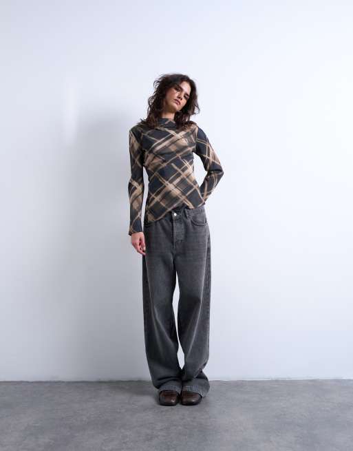 Topshop long sleeve top in check print, 2 of 4