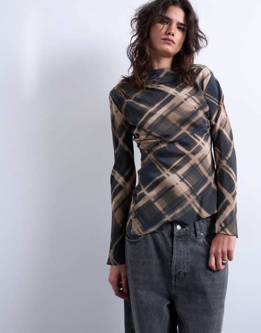 Topshop long sleeve top in check print, 4 of 4