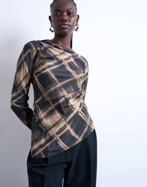 Topshop long sleeve top in plaid print - view 1