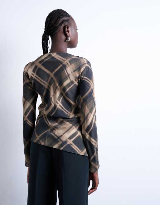 Topshop long sleeve top in plaid print