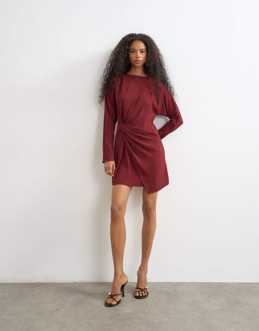 Topshop long sleeve tuck side mini dress in burgundy, 2 of 4