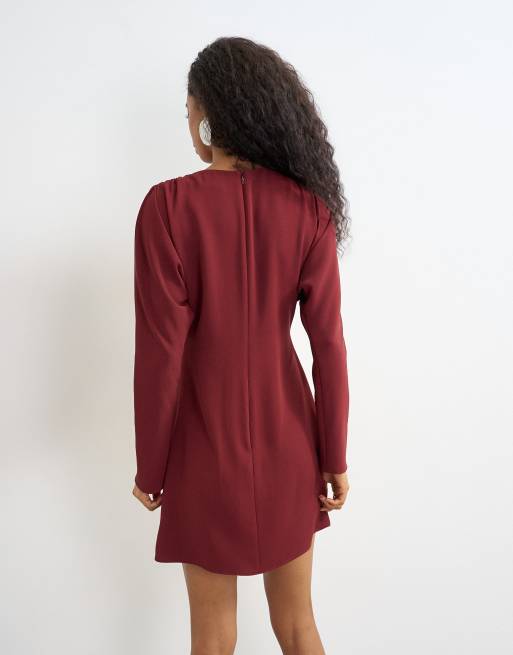 Topshop long sleeve tuck side mini dress in burgundy, 4 of 4