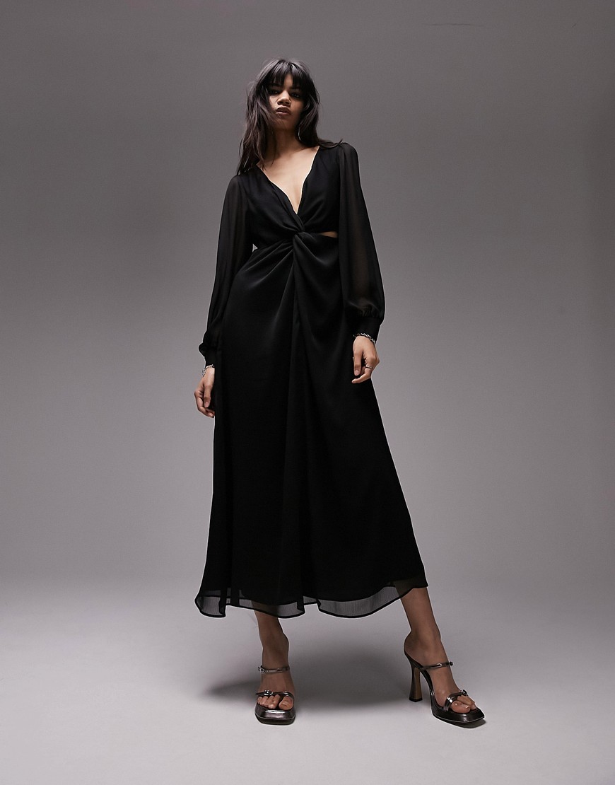 Topshop long sleeve twist cut out midi dress in black