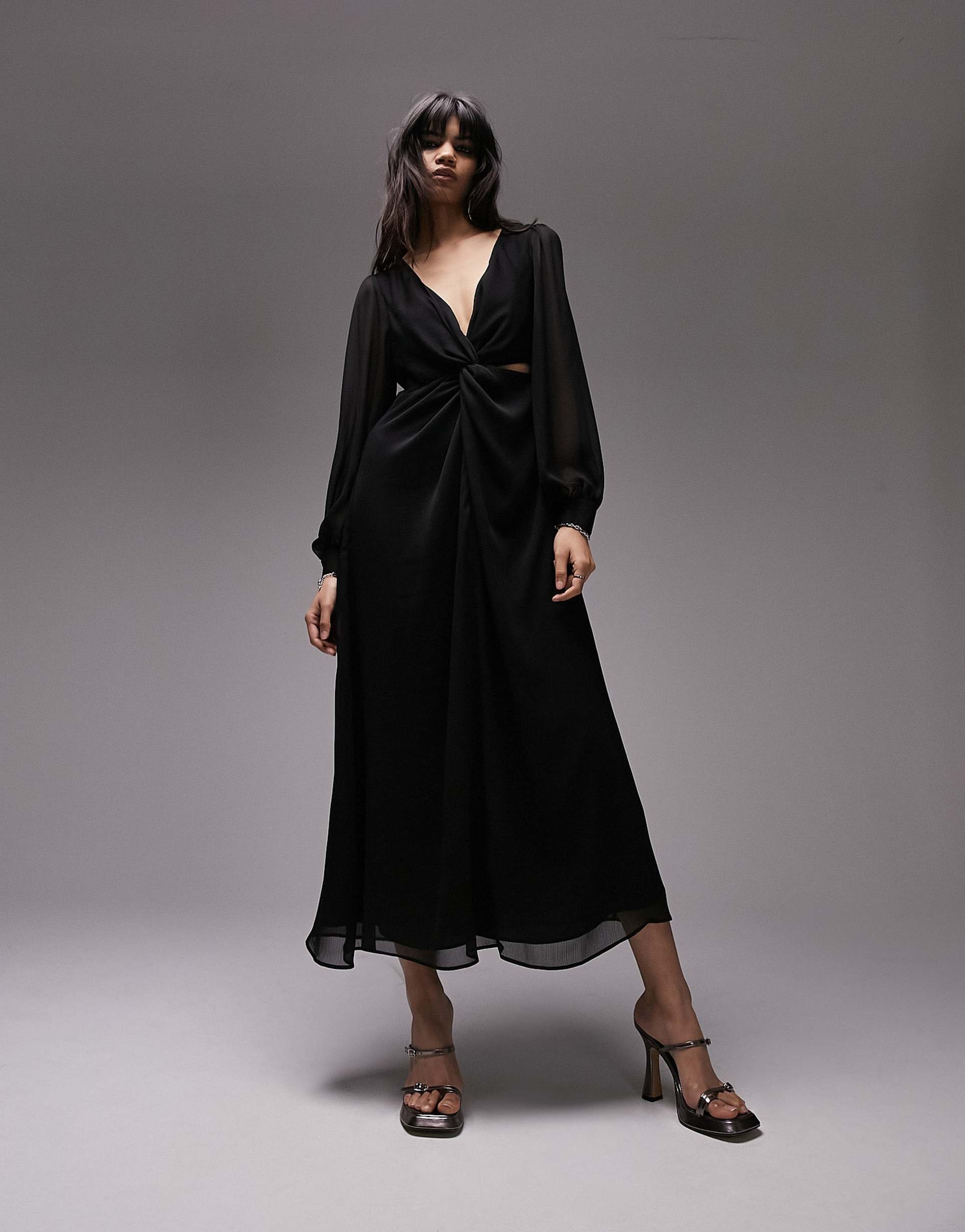 topshop long sleeve twist cut out midi dress in black