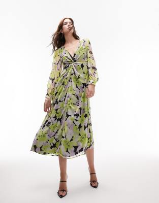 Topshop Long Sleeve Twist Cut Out Midi Dress In Floral Print-Multi
