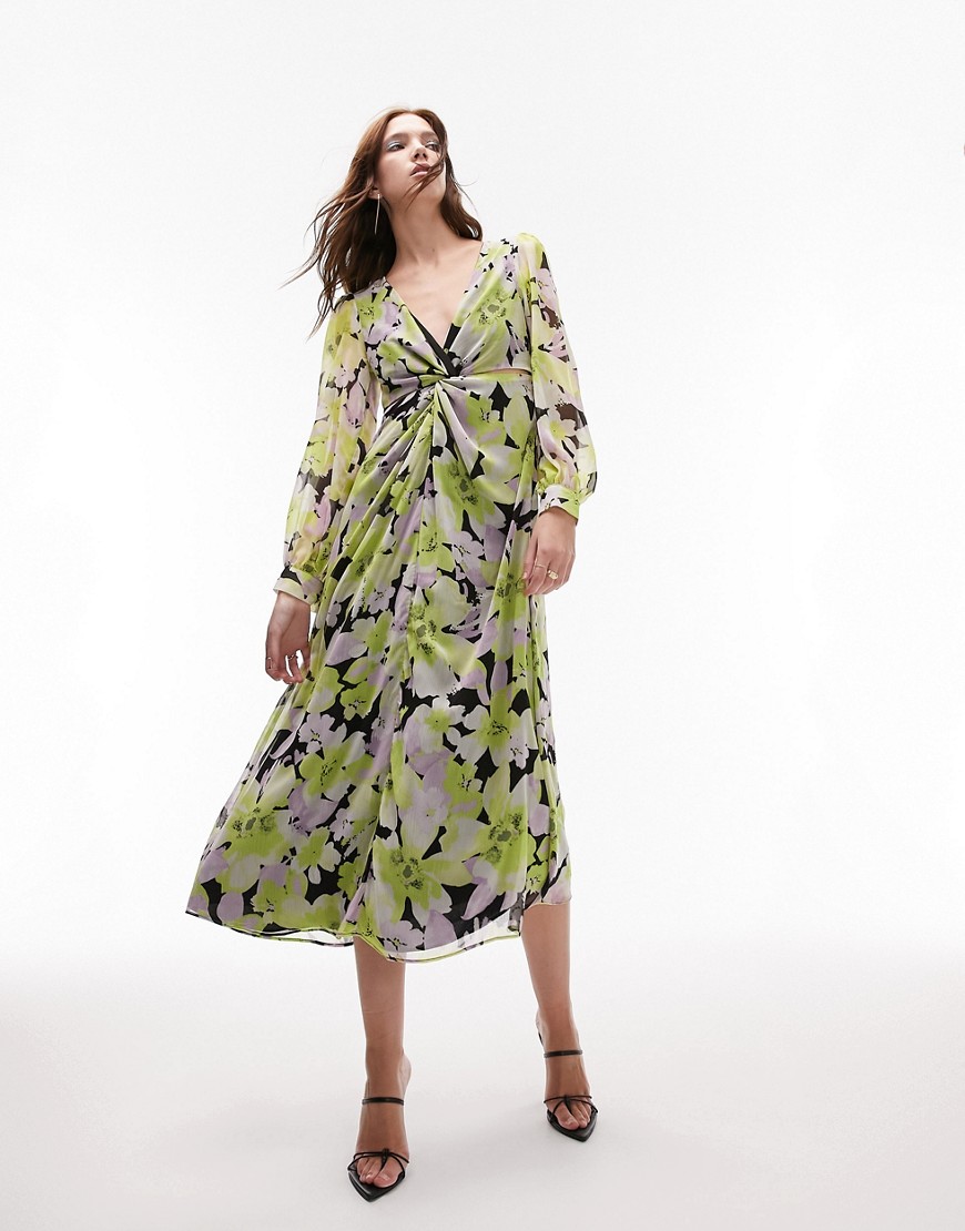 Topshop long sleeve twist cut out midi dress in floral print-Multi