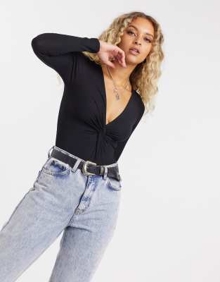 TOPSHOP LONG SLEEVE TWIST FRONT BODYSUIT IN BLACK-BLUE 45L10SBLK