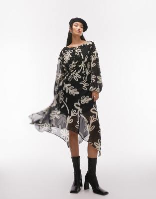 Topshop Long Sleeve V-neck Chuck On Midi Dress In Bold Floral-multi