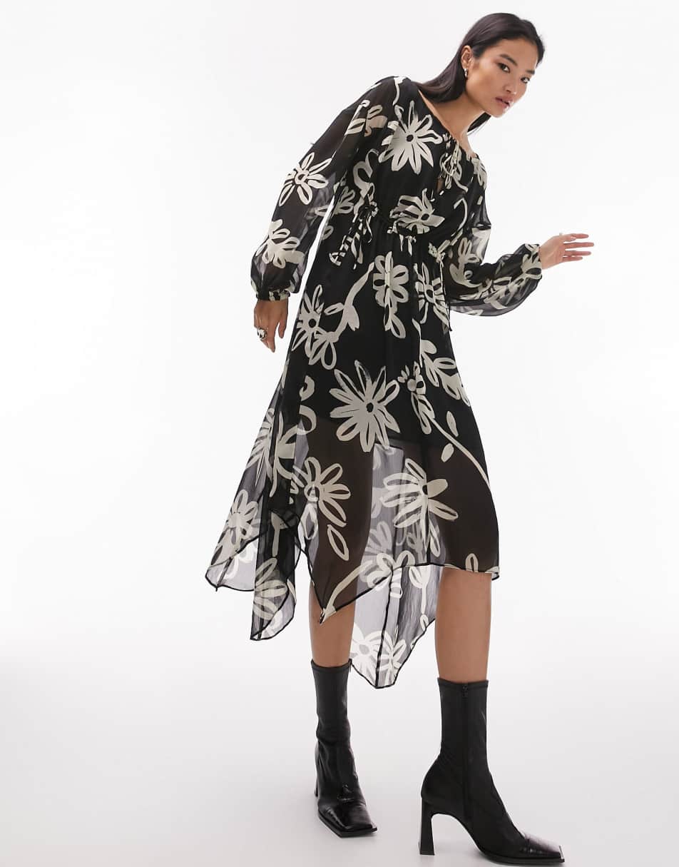 Topshop long sleeve v neck chuck on midi dress in bold floral