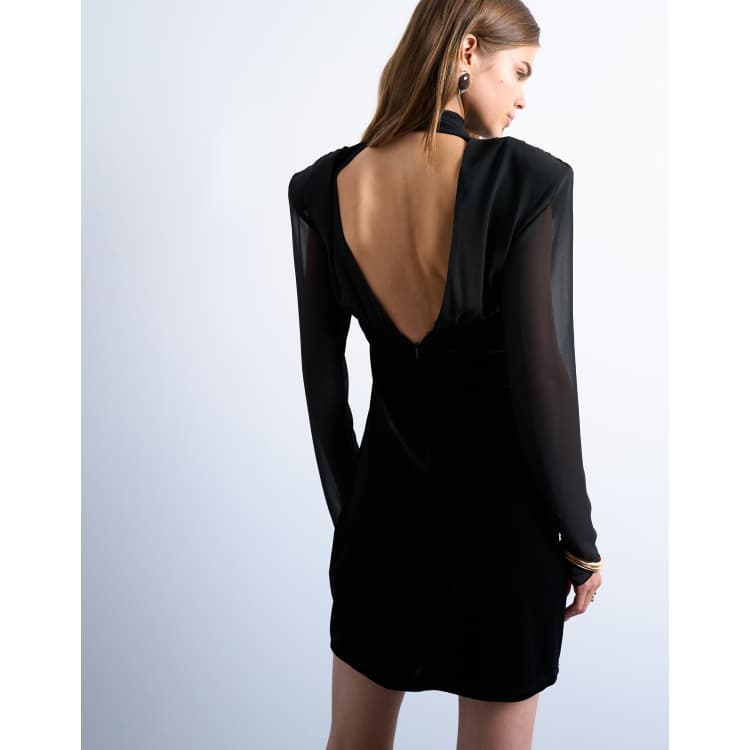 Topshop long sleeve velvet and chiffon mix mini dress with shoulder pads in  black | ASOS