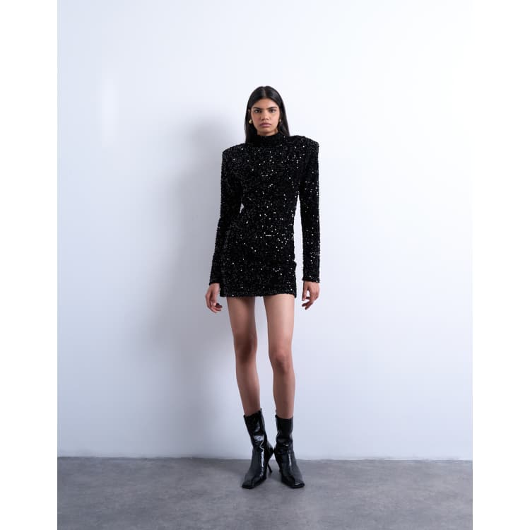 long sleeve black sequin mini dress Zapaka Women Sparkly Black Tight Short Cocktail Dress With Sleeves Boat Neck Homecoming Dress, Black / US16
