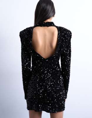 Long sleeve velvet sequin mini dress with shoulder pads in black