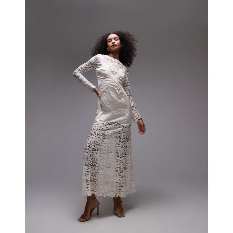 Topshop long sleeve vintage crinkle satin and lace mix maxi dress in ivory  | ASOS