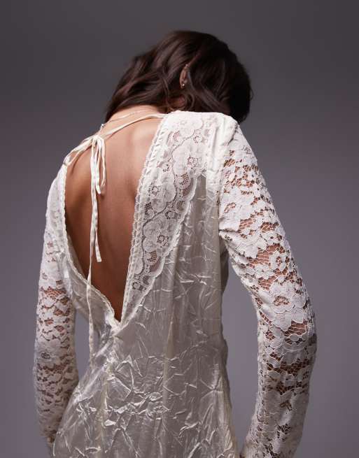 Topshop Long Sleeve Vintage Crinkle Satin and Lace Mix Maxi Dress in ivory White