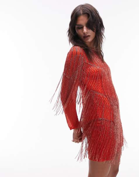 Topshop long sleeved chevron beaded fringe mini dress in orange - view 1