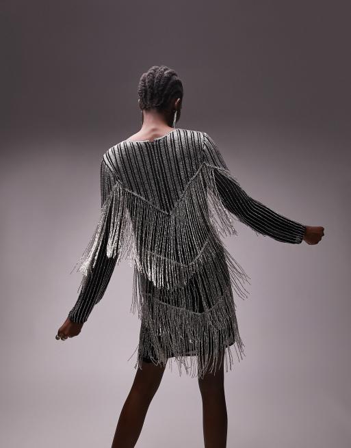 Black and clearance silver fringe dress