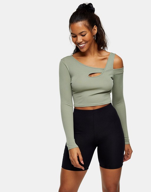 Topshop long sleeved cut out top in khaki