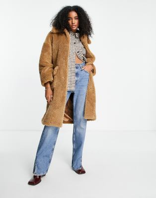 Topshop long teddy coat in brown