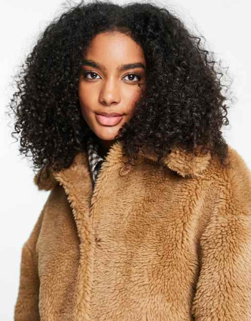 Topshop long teddy coat in brown