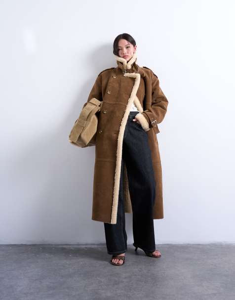 Topshop longline aviator faux shearling coat in tan and cream - view 1