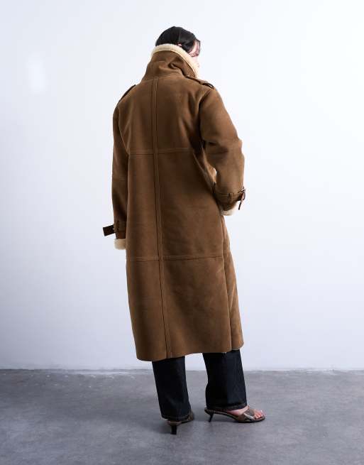 Topshop longline aviator faux shearling coat in tan and cream