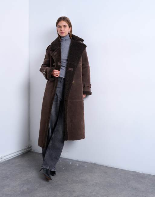 Topshop longline aviator faux shearling jacket in chocolate