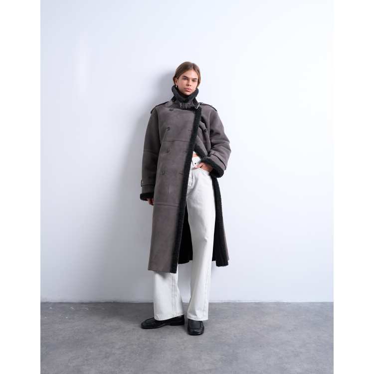 Topshop longline aviator faux shearling jacket in gray | ASOS