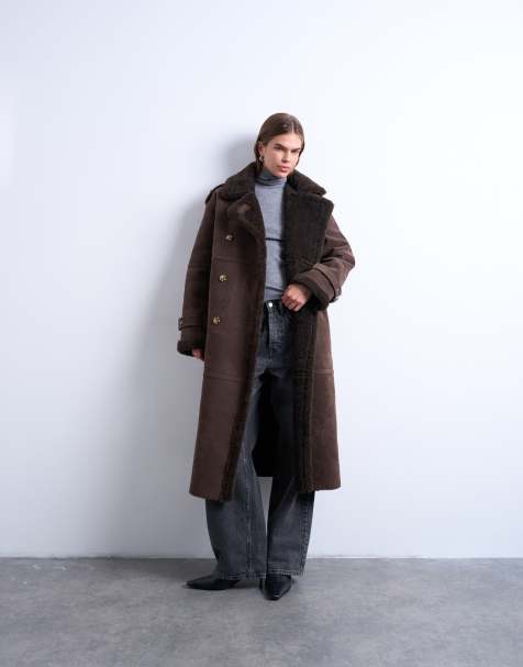 Topshop longline aviator jacket with faux shearling in chocolate - view 1