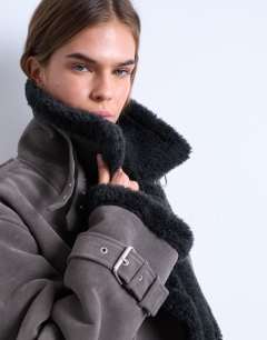 Model wearing Longline aviator shearling in grey