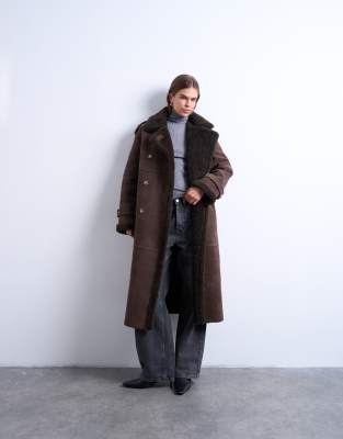 Topshop Longline Aviator Shearling In Brown