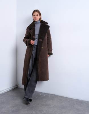 Topshop Longline Aviator Shearling In Brown