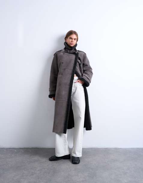 Topshop longline aviator shearling in tan cream in grey - view 1