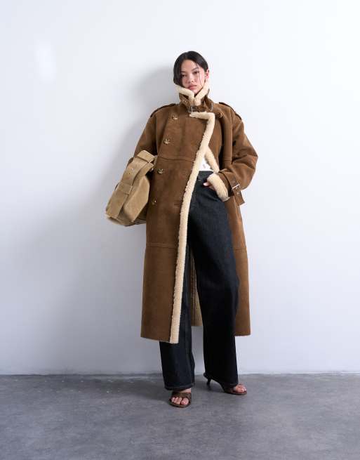 Topshop longline aviator shearling in tan cream in tan and cream
