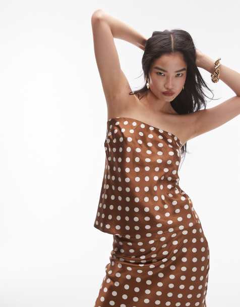 Topshop longline bandeau in brown and ivory spot - part of a set - view 1