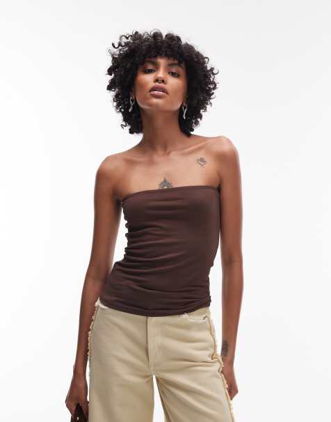 Topshop longline bandeau in chocolate brown - view 1