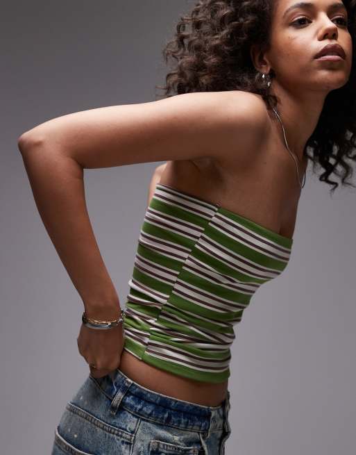 Topshop – Longline-Bandeau-Top in Grün gestreift, 2 von 4