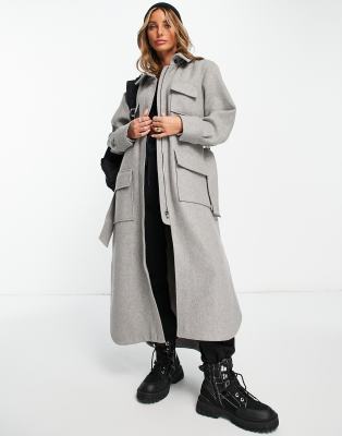 Topshop Longline Belted Utility Coat In Gray | ModeSens